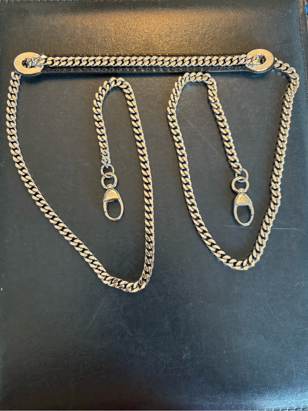 Rare Dior Silver Lobster Claw Clasp Curb Chain Strap with Black Python Guard